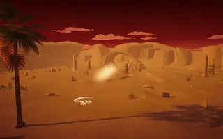 لقطة من لعبة Glhi Land لخريطة العلا: صحراء وصخور وأعمدة أثرية تحت سماء حمراء، ونخلة في المقدمة