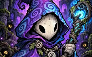 رسم ترويجي للعبة Grimroot Survivors: ساحر مقنّع بعباءة بنفسجية يحمل عصا متوهجة وسط غابة مظلمة تراقبه عيون صفراء